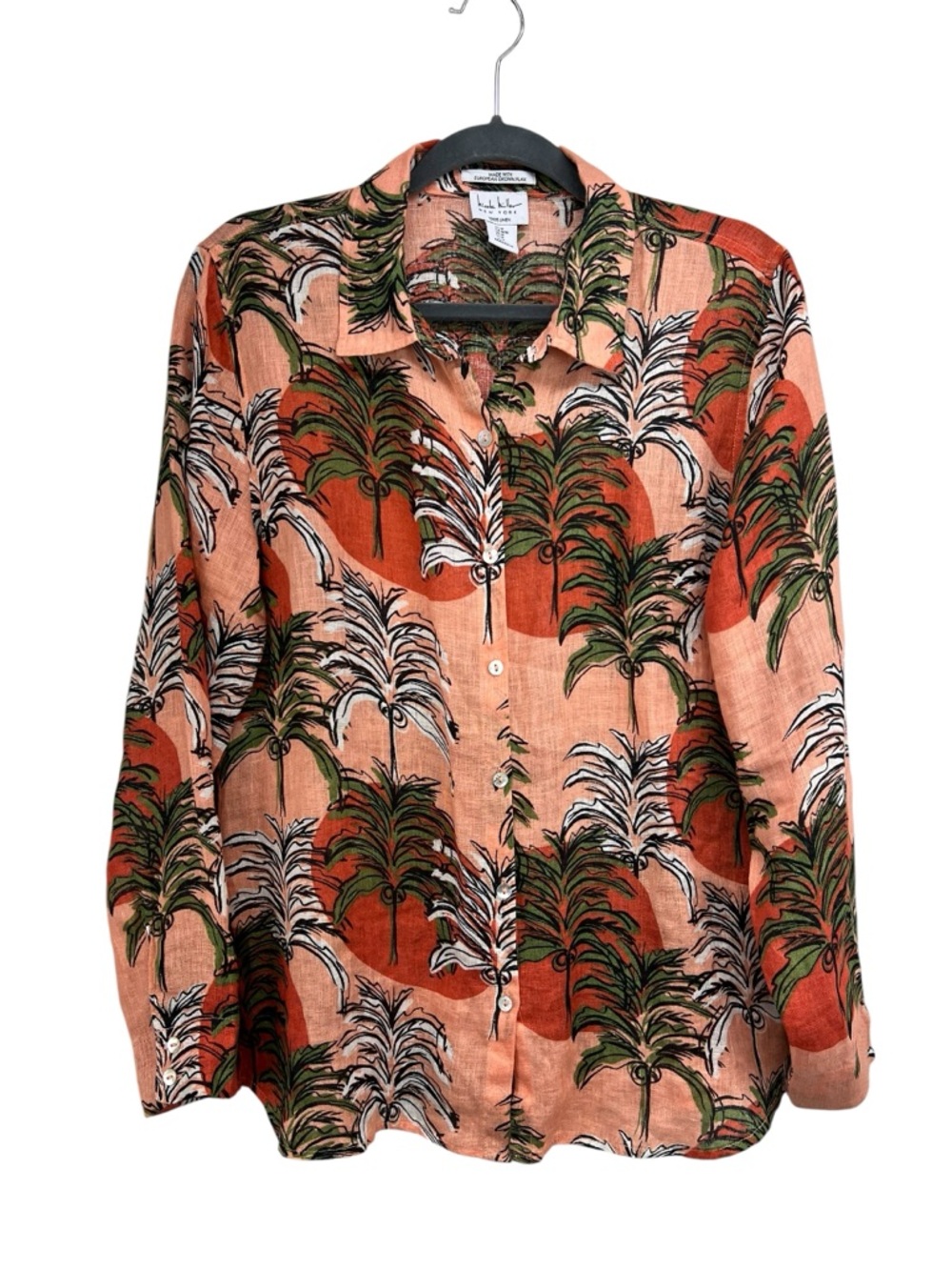 Nicole Miller Linen Orange Tropical Palm Long Sleeve Lightweight Button Down Top
